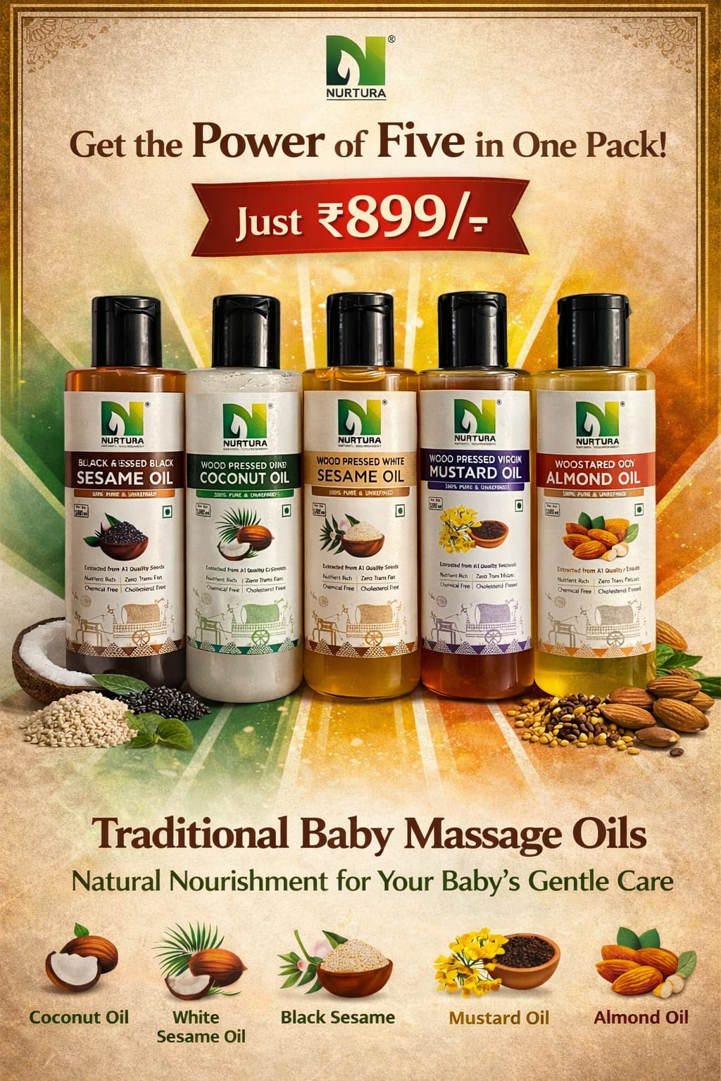 Nurtura Power of Five Oils – Premium Cold-Pressed Oil Combo (5 × 100 ml)